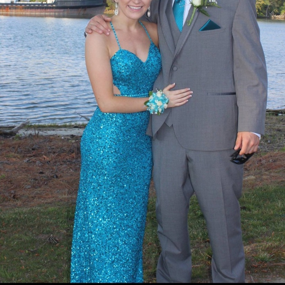 blue sequenced prom dress
